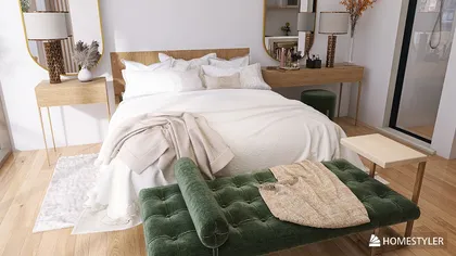 Dormitorio moderno con banco verde de terciopelo y espejo dorado — proyecto QUARTIER DEL BAJO, por UAM.INTERIORISMO, en Buenos Aires