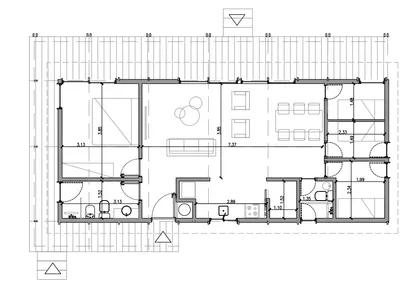 Plano de casa moderna con espacios abiertos y luz natural — proyecto Casa Rancho, por B3