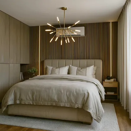 Dormitorio moderno con pared de listones de madera y lámpara colgante dorada — proyecto Dormitorio Moderno , por Veca Estudio, en Altos del Chateau