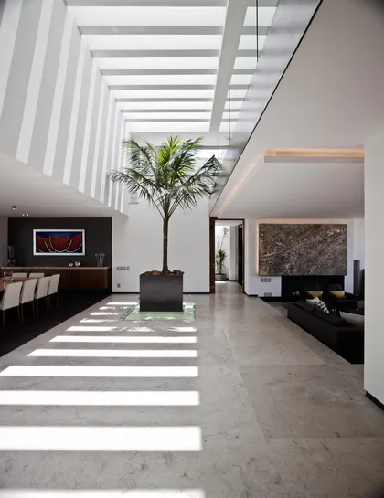 Interior moderno con árbol interior y luz de tragaluz — proyecto RIO HONDO HOUSE, por Almazán Y Arquitectos Asoc