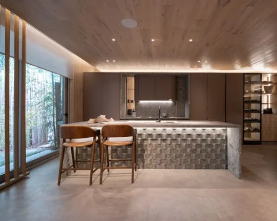 Cocina moderna con isla de piedra y vista al bosque — proyecto Casa Foa Córdoba 2025, por Vite Porcellanato, en Ciudad de Córdoba