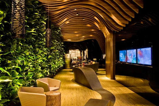 Pasillo contemporáneo con techo ondulado madera, plantas verticales y piso natural — proyecto Arquitetura e Interiores I, por Demian Golovaty