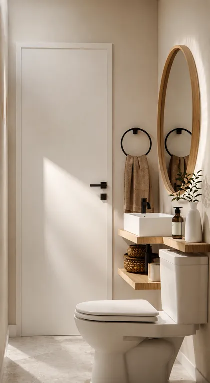 Baño moderno escandinavo con puerta blanca y elementos de madera — proyecto Diseño de casa estilo japandi, por Mela Deco Design, en Belén de Escobar