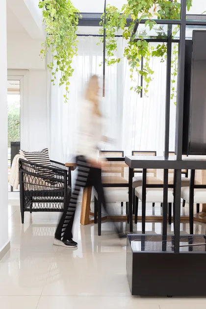 Living comedor moderno con plantas colgantes y muebles de rattan — proyecto Proyecto Gaby P. , por LINEA NETA diseño interior , en Canning