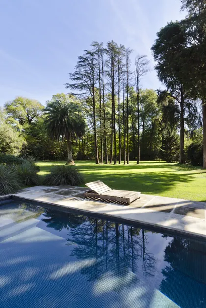 Piscina moderna rodeada de un jardín exuberante — proyecto Casa M, por Estudio Dado, en Pilar
