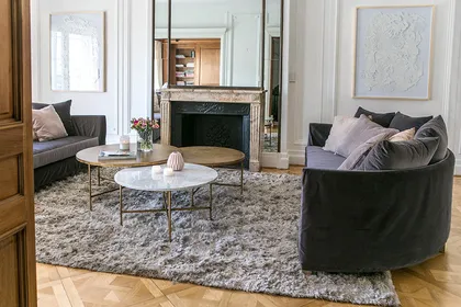 Living moderno con sofá curvo y alfombra texturizada — proyecto BA 2 2016, por Mesopotamia Ba, en CABA