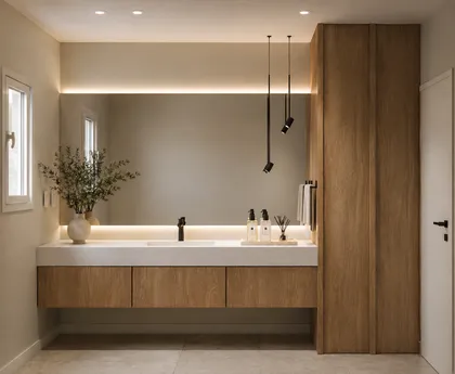 Baño moderno con vanitory largo de madera y espejo grande — proyecto Diseño de casa estilo japandi, por Mela Deco Design, en Belén de Escobar