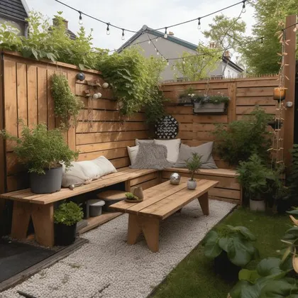 Patio moderno con sofá curvo y asientos de madera integrados — proyecto Soñà, por Oma Bariloche, en San Carlos de Bariloche