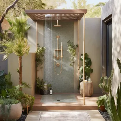 Ducha exterior moderna con pared verde y pérgola de madera — proyecto Soñà, por Oma Bariloche, en San Carlos de Bariloche