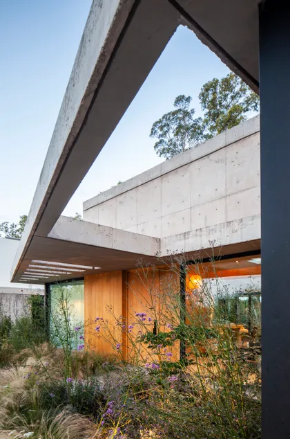 Fachada moderna con concreto expuesto, madera y vegetación exuberante — proyecto Casa ALVA, por V2 Arquitectos, en City Bell