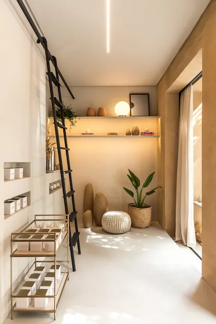 Espacio comercial con estantes iluminados, escalera decorativa y objetos de diseño — proyecto Esmo, por Boscardin Corsi Arquitetura
