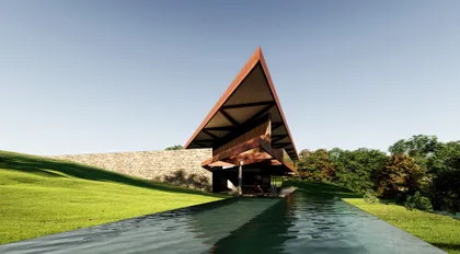 Casa contemporánea con techo triangular junto a pileta y jardín verde — proyecto Casa Tangram, por Tetro Arquitetura