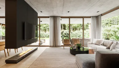 Living moderno con ventanales al bosque y chimenea lineal — proyecto Casa BRAVA, por Grupo CRBN, en Alejandro Korn