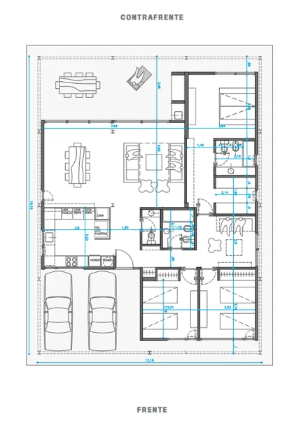 Plano de casa moderna con dos autos y espacios definidos — proyecto MIES 192, por CASAS MIES