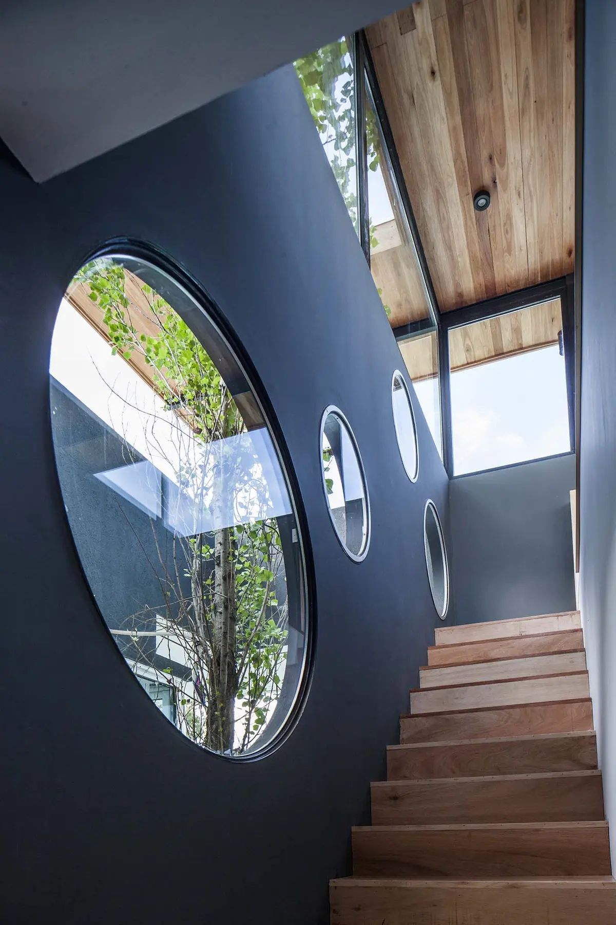 Escada moderna com parede curva e janelas circulares — projeto Santa Isabel, por Arfuso Arquitectos, em Ingeniero Maschwitz
