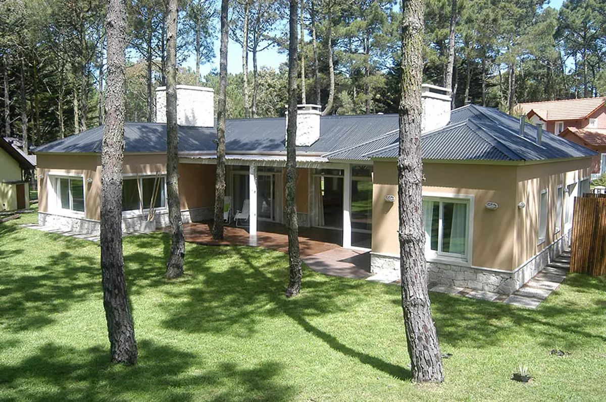 Fachada moderna com grandes janelas e madeira em ambiente de floresta — projeto Casa Cariló 2005, por Hugo Zawadski Arquitectos, em Cariló