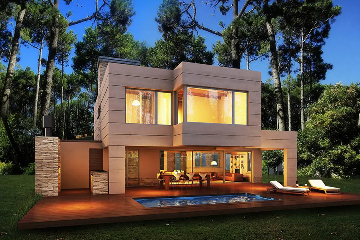 Fachada moderna con piscina y deck en bosque — proyecto Casa Valeria del Mar 2015, por Hugo Zawadski Arquitectos, en Valeria del Mar