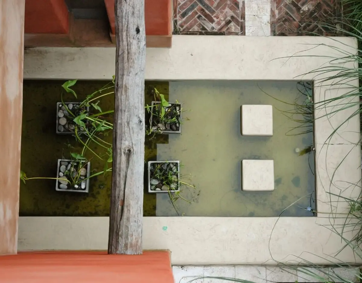 Pátio com tanque, poste de madeira e plantas — projeto Paisajismo Agua, por Ricardo Pereyra Iraola