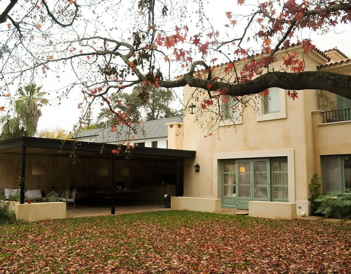 Fachada mediterrânea moderna com árvores e folhas de outono — projeto Un Patio Interior, por Ricardo Pereyra Iraola