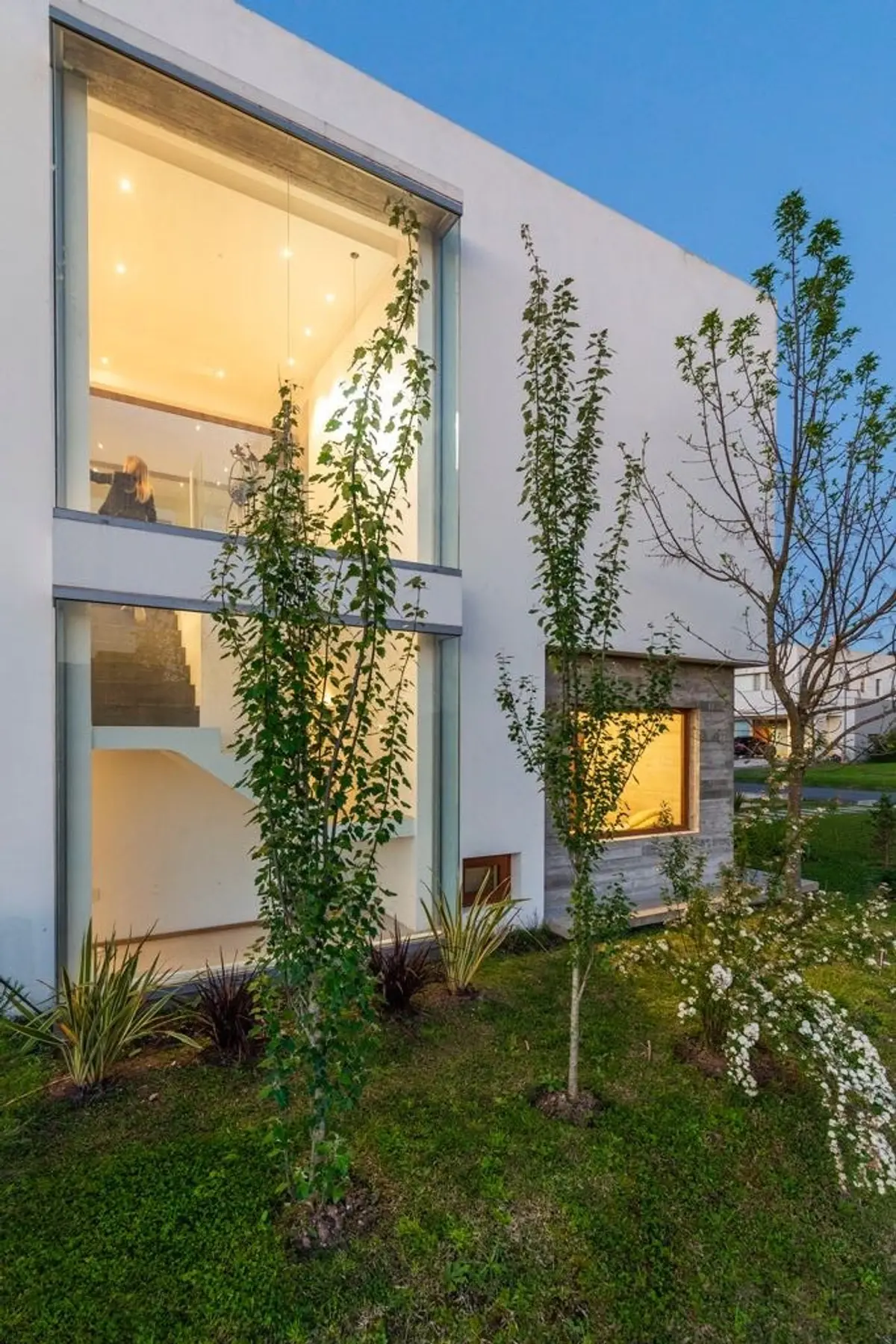 Fachada moderna com amplas janelas e vegetação exuberante — projeto Casa ME, por Estudio GR, em City Bell
