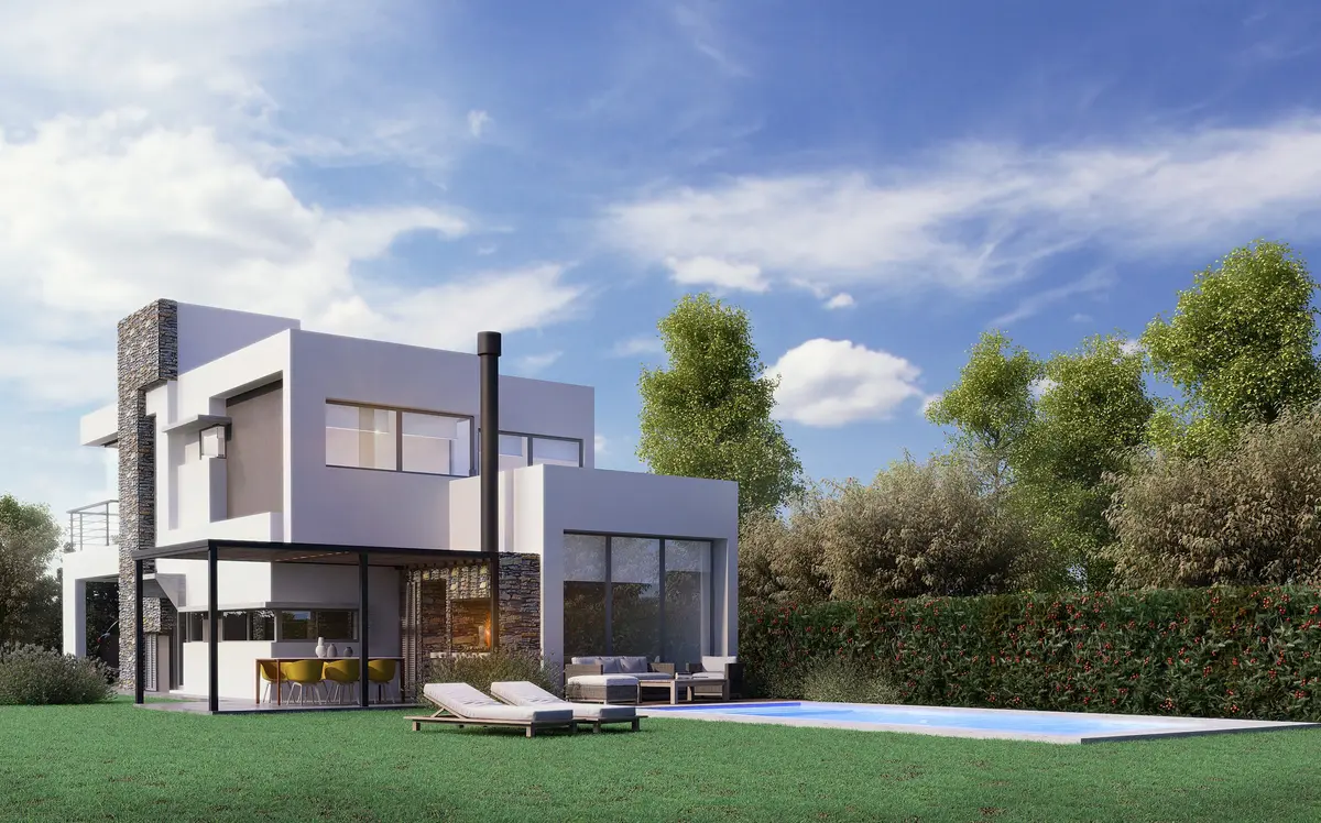 Casa moderna com piscina e área externa — projeto Casa GT- Barrio Los Arenales, por Olivieri Arquitectura, em Ingeniero Maschwitz
