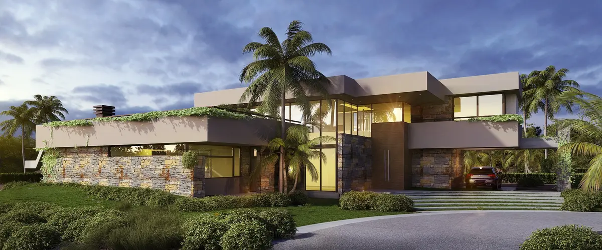 casa moderna con techo verde y fachada de piedra — proyecto FINCAS E35, por SCM ARQUITECTURA & CONSTRUCCIONES, en Fincas de Iraola