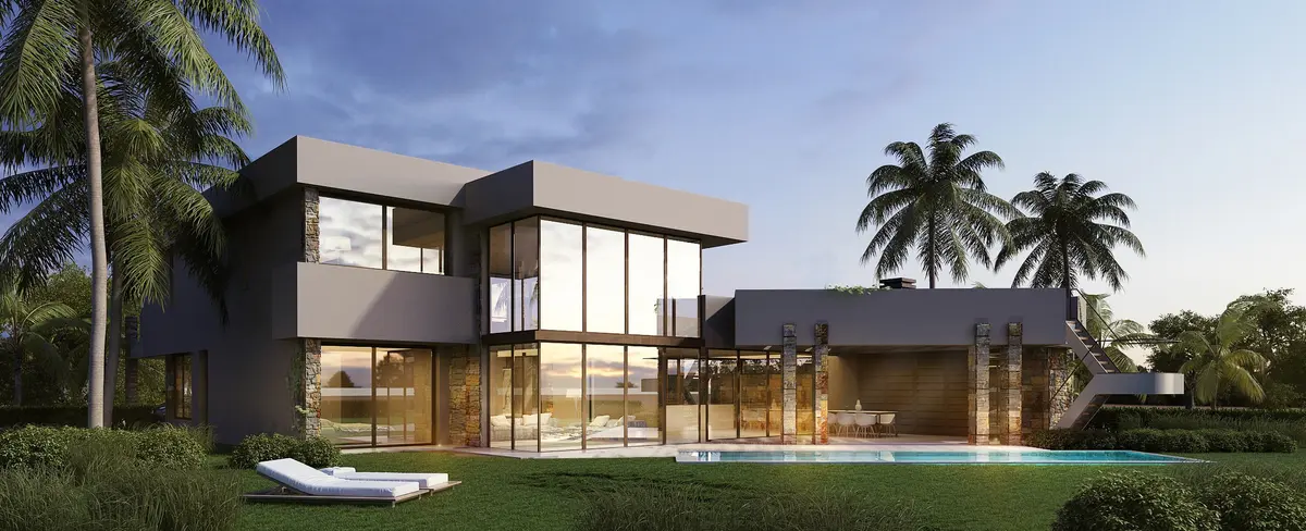 Casa moderna com piscina cercada por palmeiras — projeto FINCAS E35, por SCM ARQUITECTURA & CONSTRUCCIONES, em Fincas de Iraola