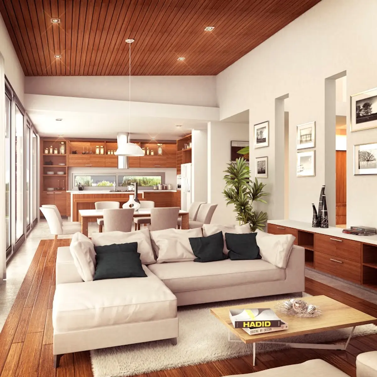 Living comedor moderno con techo de madera, ventanales y luz cálida — proyecto  Casa en Terralagos, por GEN STUDIO  COMOTTO - SOMMER , en Canning