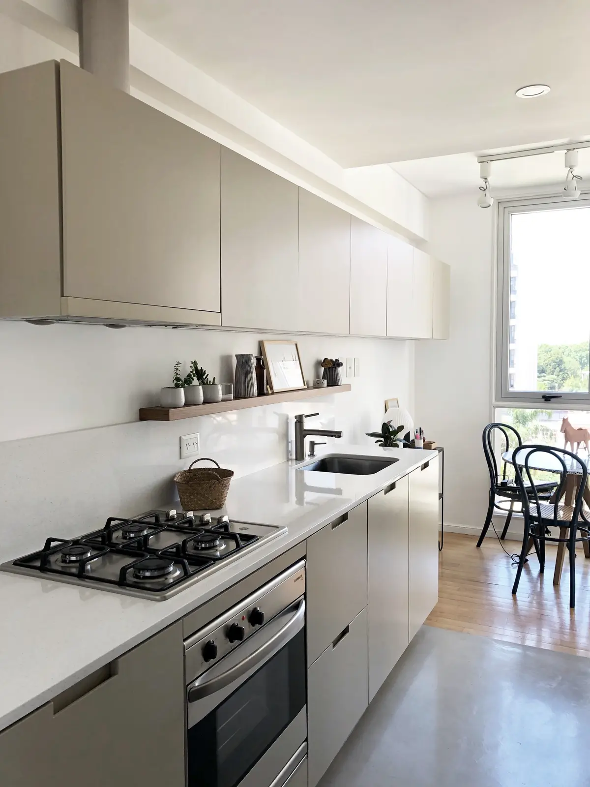 Cocina moderna con muebles beige, mesada de microcemento blanco y piso de cemento — proyecto Juramento , por Estudio MMS , en Belgrano