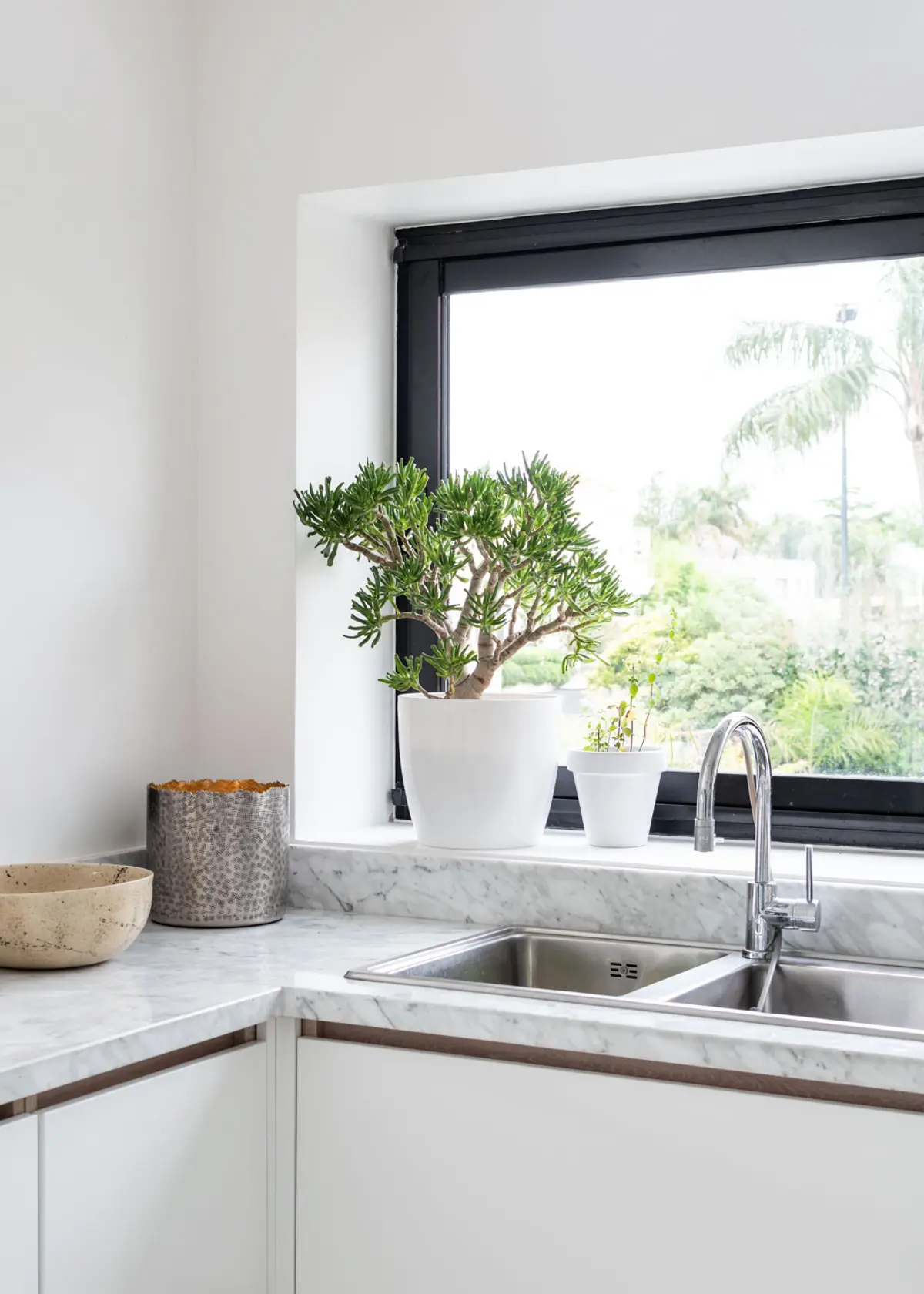 Cocina moderna con ventana grande, mesada de mármol y plantas — proyecto Boating I, por Estudio Arq. Ana M. Carrera, en Boating Club
