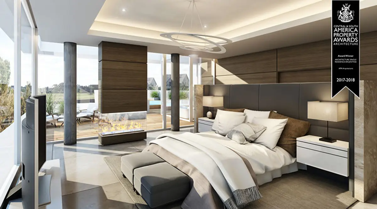 quarto moderno com janelas amplas e painéis de madeira — projeto Casa Veloz, por Apaarquitectura