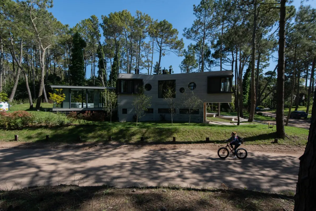 Casa moderna de concreto com volumes geométricos em floresta — projeto Casa G y G, por TAVA Coop, em Cariló