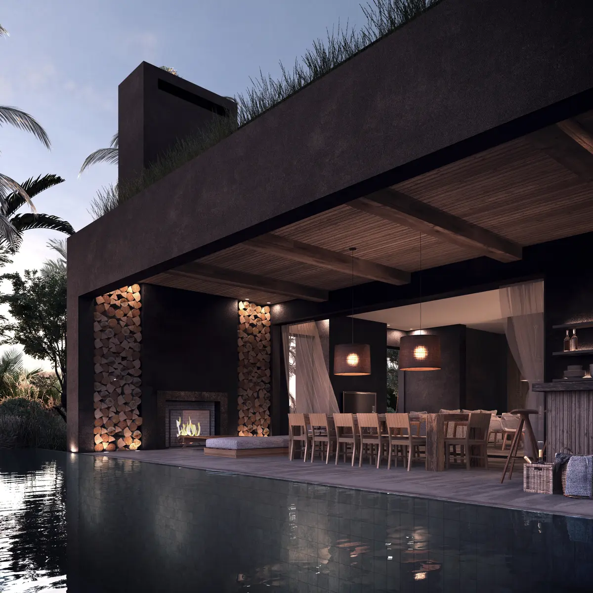 Quincho moderno negro con pileta infinita y hogar integrado al atardecer — proyecto Kona House, por BAS Y GARCIA , en Nordelta