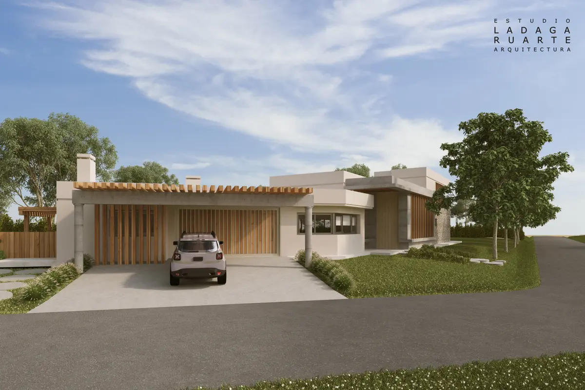 Fachada moderna de casa suburbana con revestimiento de madera y grandes ventanales — proyecto PILAR DEL LAGO, por LADAGA-RUARTE-Pinamar, en Pilar