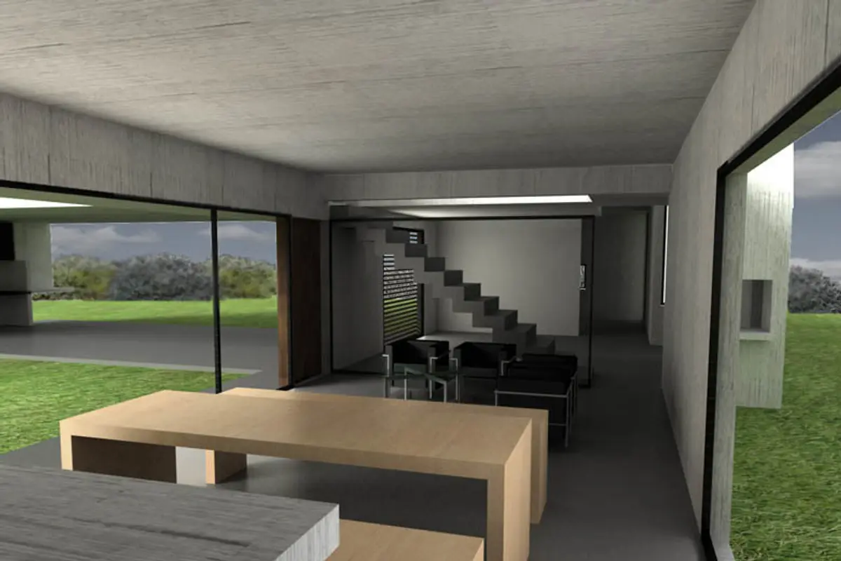 Living moderno con doble altura, escalera y grandes ventanales — proyecto Casa Canning, por Luciano Kruk, en Canning