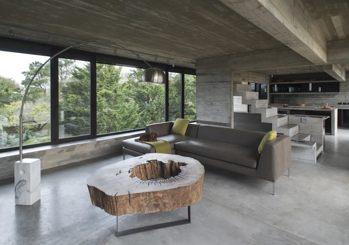 Living moderno con sofá gris, hogar de madera y ventanales amplios — proyecto Casa Cariló, por Luciano Kruk, en Cariló