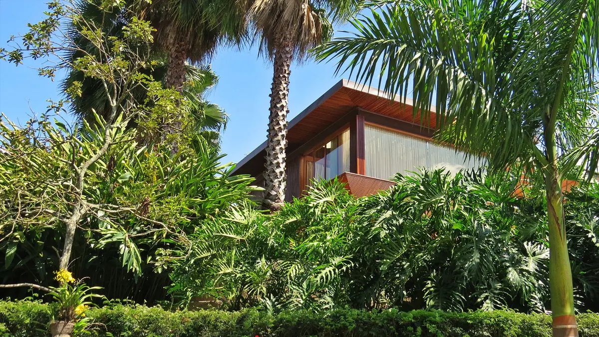 Casa contemporánea con fachada madera rodeada de vegetación exuberante — proyecto Residência MN, por Gil Fialho