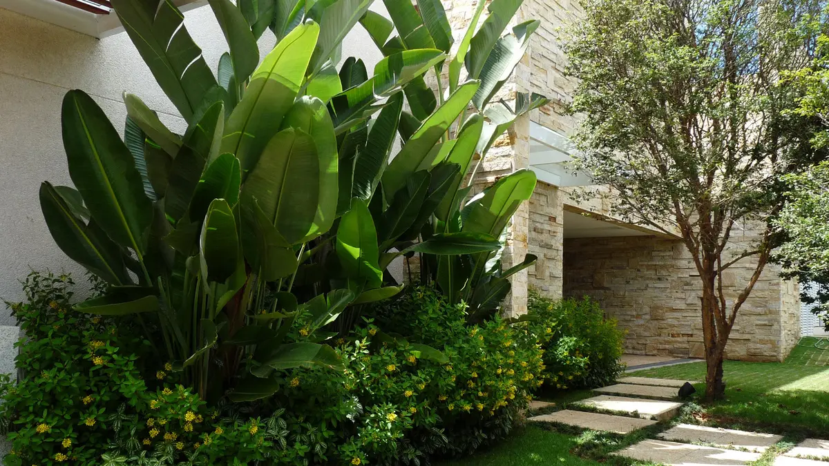 Casa moderna con fachada de piedra, entrada y jardín frondoso — proyecto Residência NK, por Gil Fialho