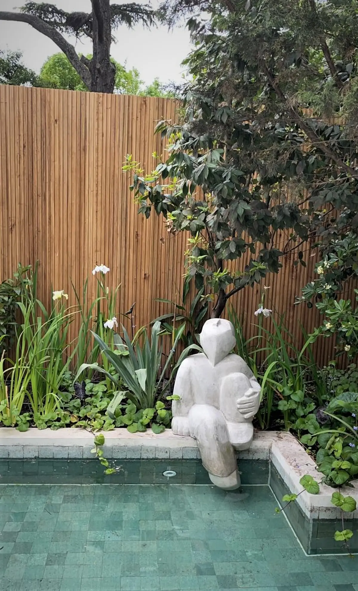 escultura junto a piscina con pared de bambú y vegetación — proyecto Ladislao_EA, por Eugenia Anaya -estudio de paisajismo-, en B1641 Acassuso