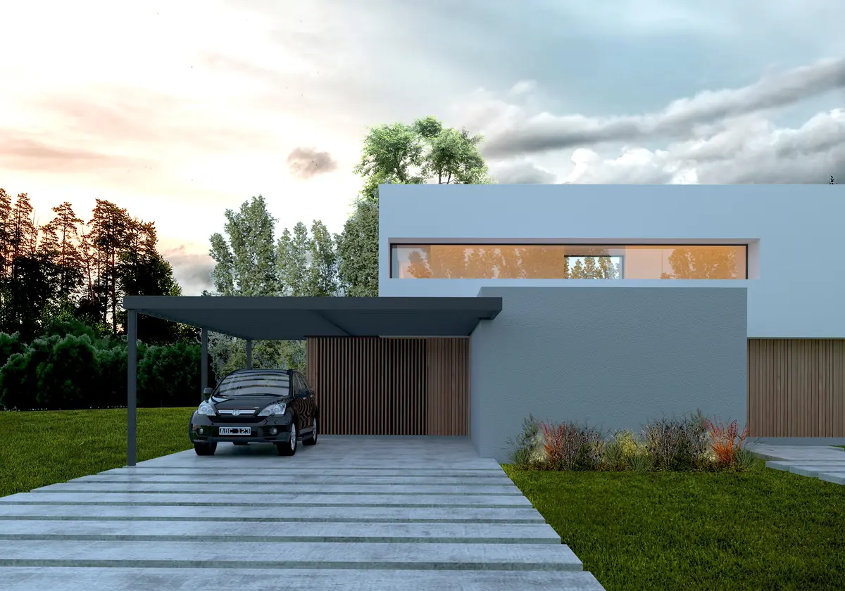 Fachada moderna con garaje integrado y techo voladizo — proyecto Casa SM733, por EZ architects, en Belén de Escobar