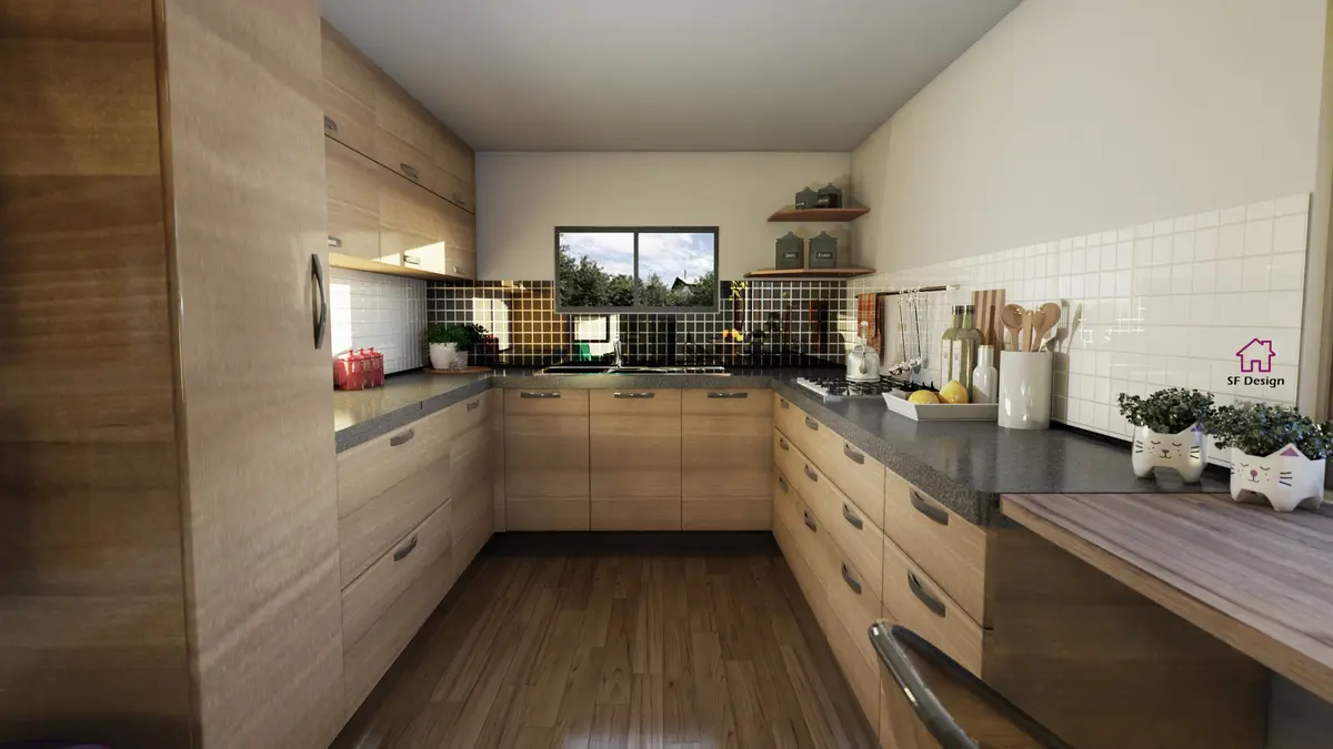 Cocina moderna con muebles de madera y mesadas grises — proyecto Diseño de Trailer , por Sabrina Ferrer - Sf Design 