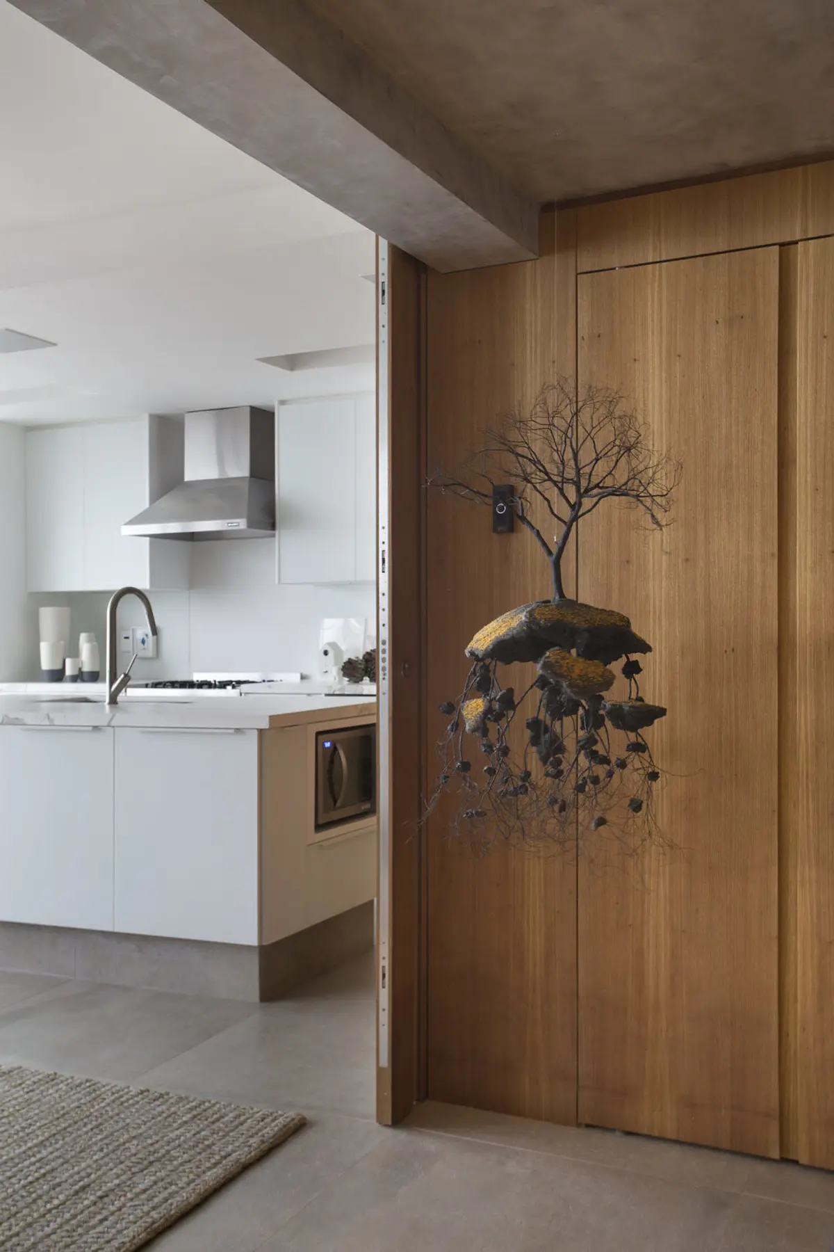 Pasillo moderno con puerta de madera y escultura colgante artística — proyecto PL House, por Studio Ro-ca