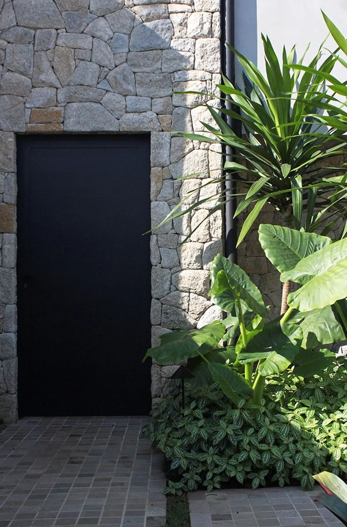 Entrada minimalista con puerta negra, muros de piedra y plantas tropicales — proyecto Residência JB, por Gil Fialho