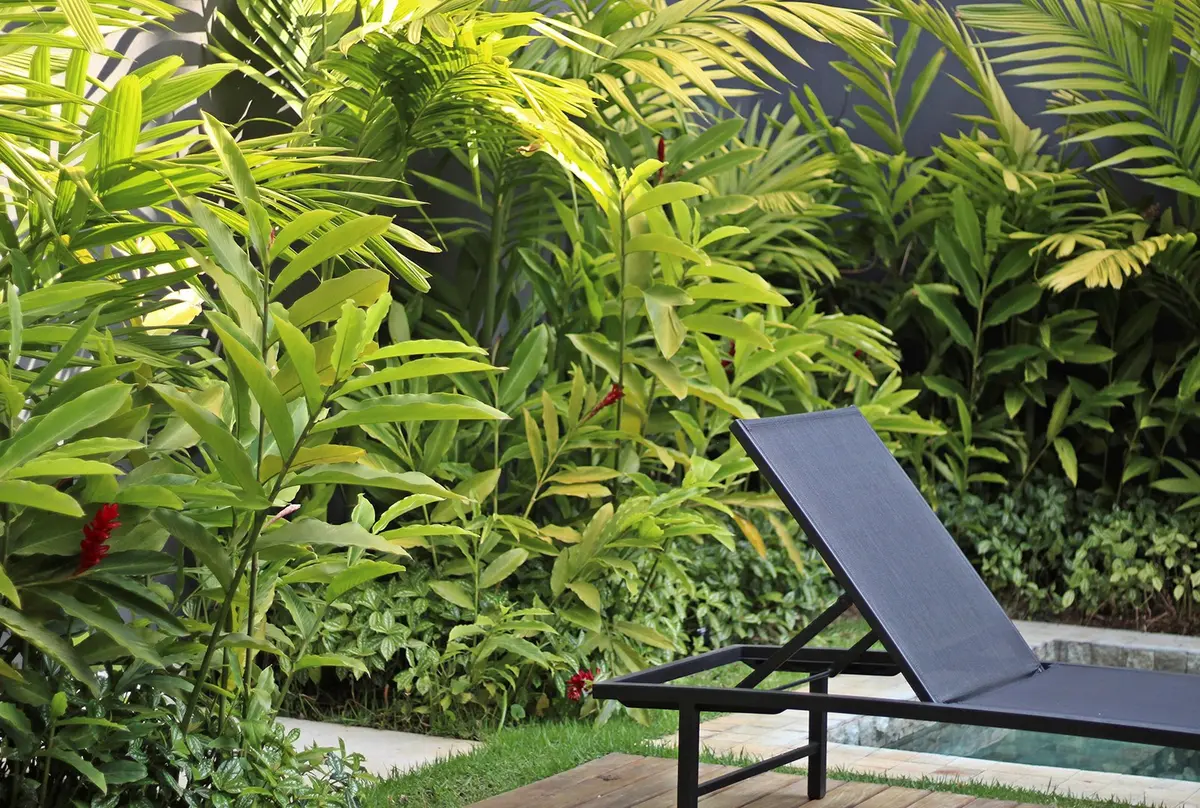 Patio con reposera gris y vegetación exuberante de fondo — proyecto Residência VT, por Gil Fialho