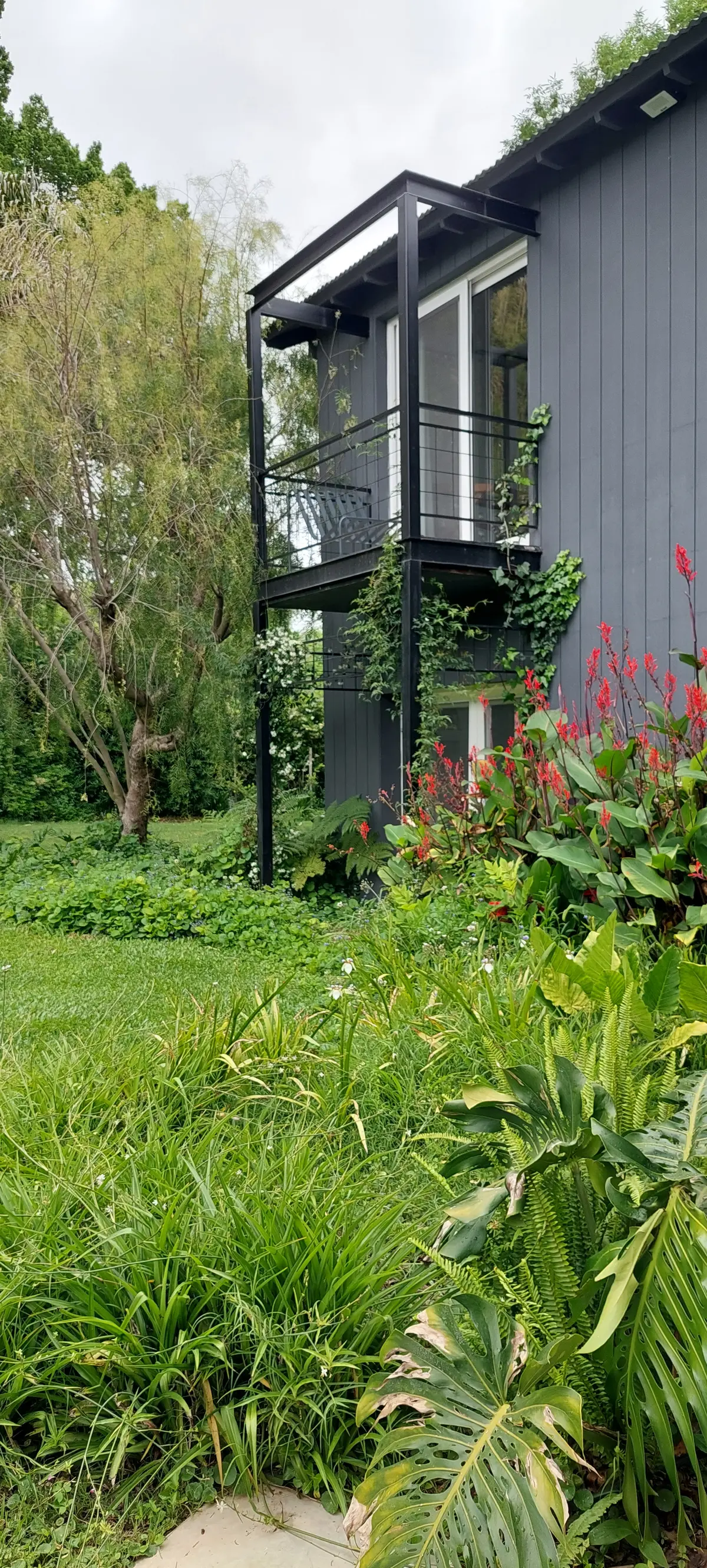 Fachada moderna com estrutura metálica e vegetação exuberante — projeto Jardín en Club Newman, por Epífita Arquitectura & Paisaje, em Benavidez