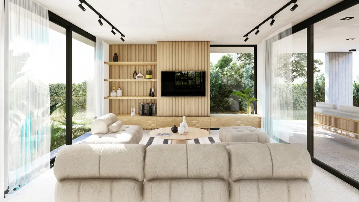 Living luminoso con sofá beige, revestimiento madera y ventanales panorámicos — proyecto Casa Naudir, por RY Construir Estudio, en Belén de Escobar
