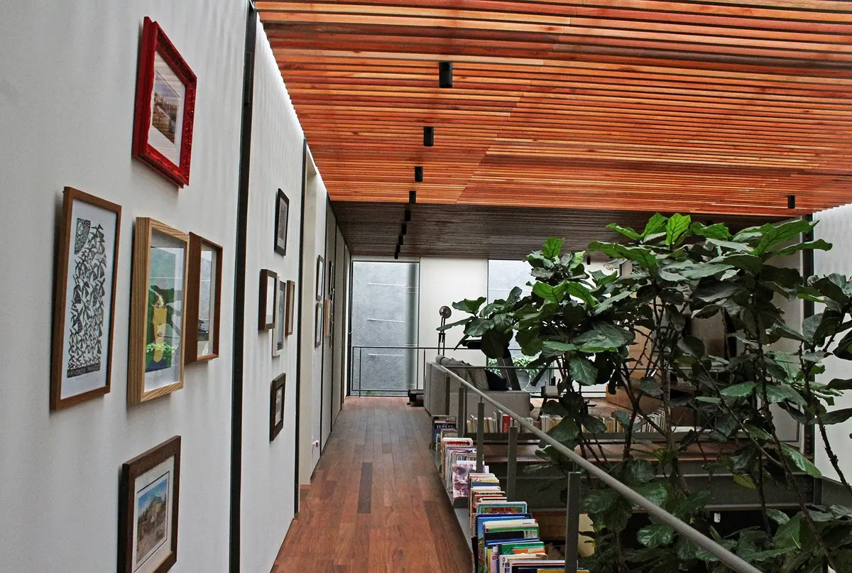 Pasillo con escalera, plantas y cuadros en pared blanca — proyecto Residência MC, por Gil Fialho