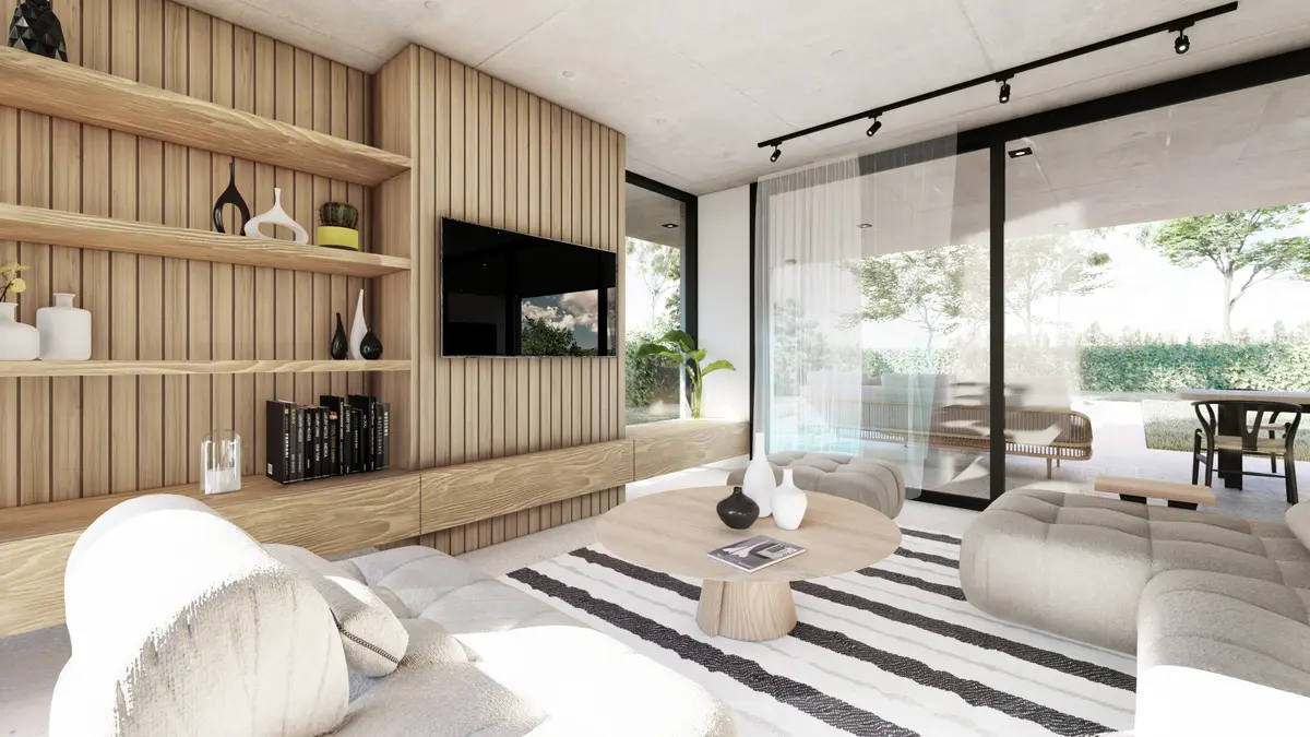 Living moderno con pared de madera, ventanales y vista al exterior — proyecto Casa Naudir, por RY Construir Estudio, en Belén de Escobar