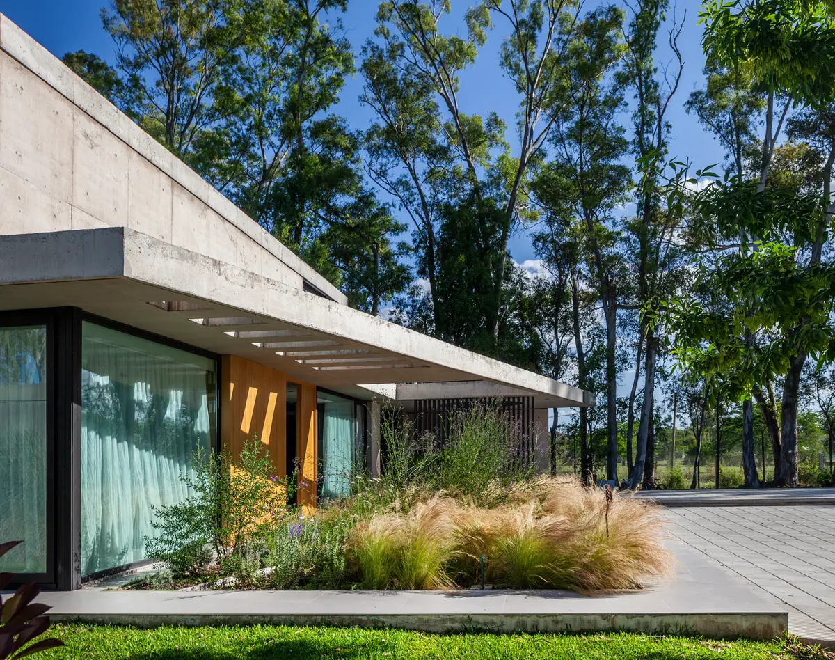 Fachada moderna de concreto com amplas janelas cercada por árvores — projeto Casa ALVA, por V2 Arquitectos, em City Bell