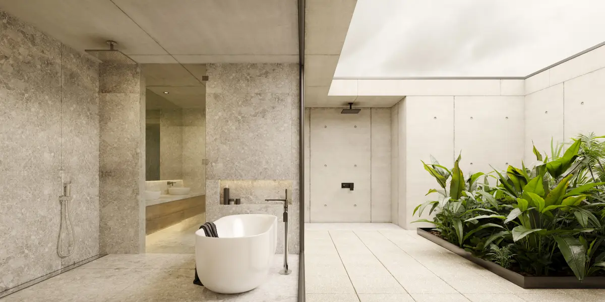 Banheiro externo moderno com paredes de concreto e vegetação exuberante — projeto CASA MH, por GMARQ, em Tigre